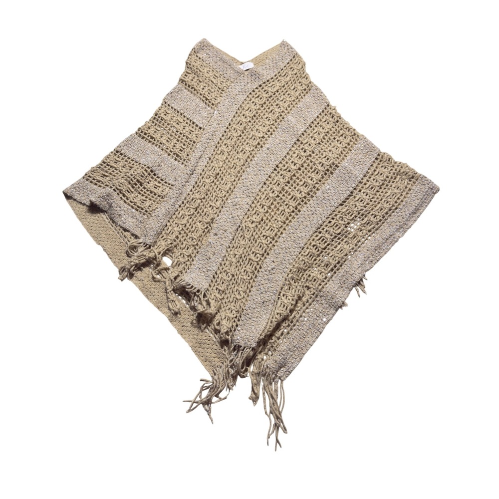 Beige Crochet Knit Poncho Fringe Trim